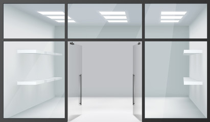 Shop Empty Interior Front Store 3d Realistic Windows Space Open Doors Shelves Template Mockup Background Vector Illustration