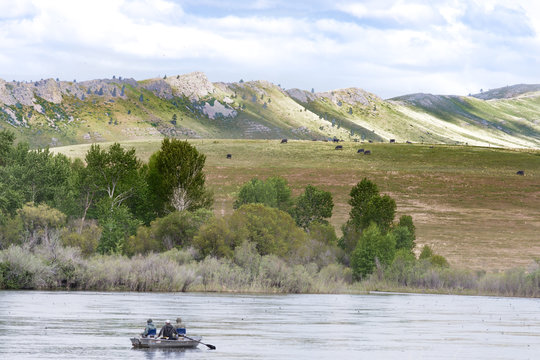 Three fisherman in a row boat fishing in the Missouri River in Montana. Vegetation is on the far bank and foothills and mountains are in the background. Fluffy clouds are above.