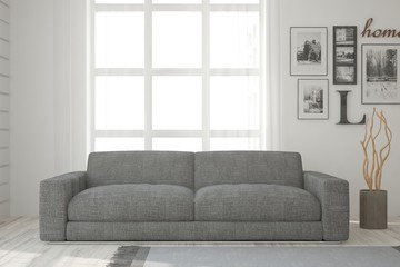 White modern room with sofa. Scandinavian interior design. 3D illustration