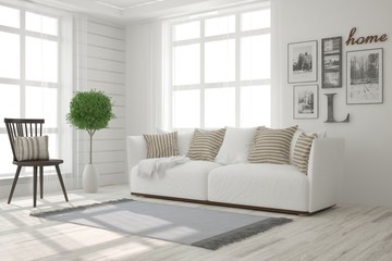 White modern room with sofa. Scandinavian interior design. 3D illustration