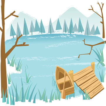 cartoon style lake illustration.