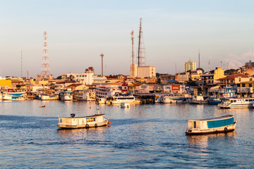 SANTAREM, BRAZIL - JULY 29, 2015: River boats anchored in Santarem, Brazil