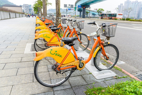 Row of Ubike. Ubike is a popular network of rental bicycle in Taipei, Taiwan. Ubike is a bike sharing system service used by citizens as short-distance transit vehicles.