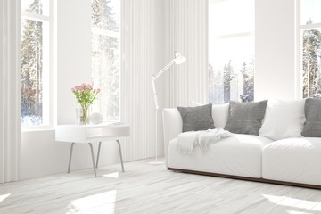 White room with sofa and winter landscape in window. Scandinavian interior design. 3D illustration