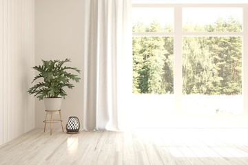 White empty room with green landscape in window. Scandinavian interior design. 3D illustration