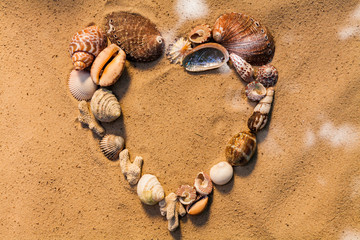 Heart of sea shells on a sandy beach. Background