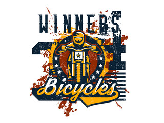 Vector illustration on the theme of mountain bike, cyclist performing a trick on a bicycle, downhill, freeride. Grunge effect, text, inscription. Typography, T-shirt graphics, print, banner, poster