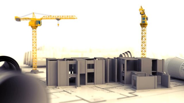 3d animation of two cranes and building construction over drawings paper background