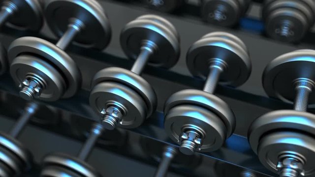 3d animation of camera panning over dumbbells row with blue light