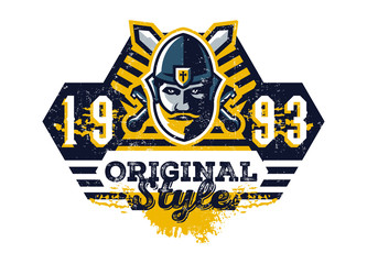 Vector illustration on the theme of the knight, warrior against the backdrop of two swords on the cross. The hero of the castle, a barbarian. Grunge effect, typography, T-shirt graphics, print