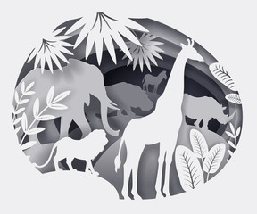 Illustration of silhouettes of African animals made of paper.