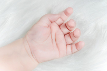 Hand of a baby on a white fluffy background