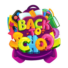 Back to school vector isolated emblem. A colored inscription on a backpack with school supplies and books. Illustration for Knowledge Day in September