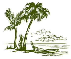 Summer beach landscape hand drawn vector illustration