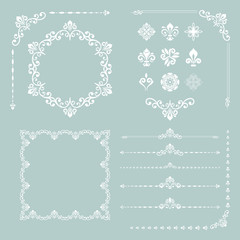 Vintage set of vector horizontal, square and round elements. Different elements for decoration design, frames, cards, menus, backgrounds and monograms. Classic white patterns. Set of vintage patterns