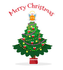Christmas tree with pot and angel vector illustration isolated on white background