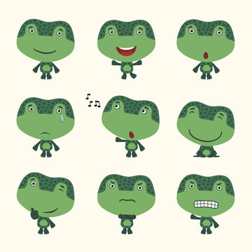 Set funny frog in different poses. Collection isolated frog in cartoon style for design children holiday and goods.