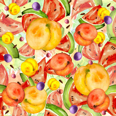 Seamless watercolor pattern with slices, orange slices, Grapes, berries, lemon, mandarin, peach fruit, plum. Orange, pink,purple and yellow colors, Vintage fashionable pattern of tropical fruits.