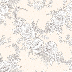 Seamless pattern with poppy flowers, daffodils, anemones, violets in botanical vintage style. On beige background . Stock line vector illustration.