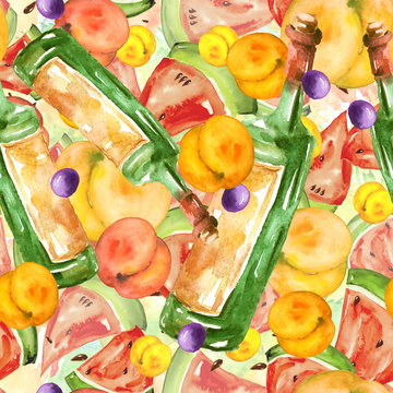 Seamless watercolor pattern with tropical fruits, a bottle of red wine, a glass, peach taste, apricot, grapes, watermelon, berry. Beautiful, vintage drawing, hand-drawn graphics for various design