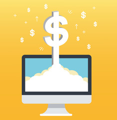 dollar pop up on screen computer and yellow background, successful business concept illustration