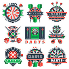 Darts sport tournament and championship logo, icons and badges. Dartboards, targets and arrows with wings decorated with ribbons, stars, dots. Design for darts sport and fan clubs.