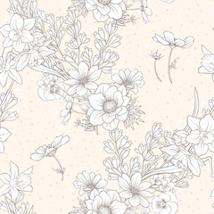 Seamless pattern with poppy flowers, daffodils, anemones, violets in botanical vintage style. On beige background . Stock line vector illustration.