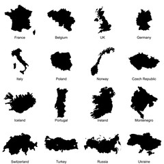 Fototapeta premium Zestaw ikon wektorowych mapy krajów europejskich. Francja, Belgia, Wielka Brytania, Niemcy, Włochy, Polska, Norwegia, Czechy, Islandia, Portugalia, Irlandia, Czarnogóra, Szwajcaria, Turcja, Rosja, Ukraina.