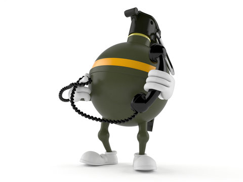 Hand grenade character holding a telephone handset