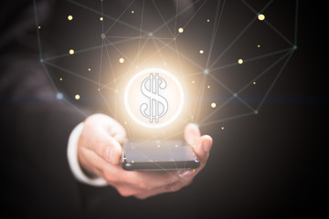 Businessman with dollar sign coming out of smartphone. Virtual money