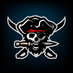 The skull of a pirate, with a dagger in his teeth.