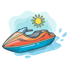 Water bike, scooter with sun hand drawn engraving sketch vector summer voyage cruise transportation illustration. Retro vintage marine transport. Boat symbol on white background.