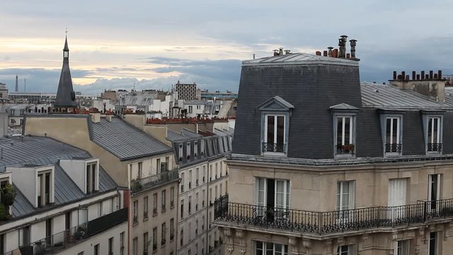 view from the last floor of residential building in Paris, real estate concept, establishing shot