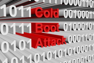 Cold boot attack in the form of binary code, 3D illustration
