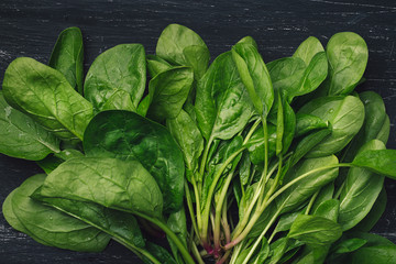 Fresh juicy spinach on a dark background. Food background with eco spinach. Ecological food
