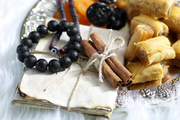 Eastern sweets table on a silver platter baklava and Tamarind