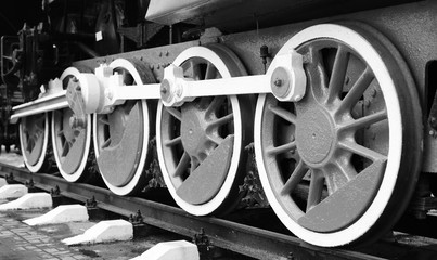 Obraz na płótnie Canvas Black and white photo of details of the metal parts of vintage railway train