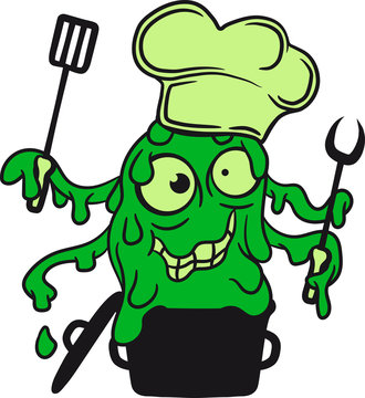 kochen k&uuml;che schleim klebrig ekelig horror halloween koch chef kochtopf essen lecker hunger grillen sch&uuml;rze schleimer matschig glibber komisch lustig monster klein frech b&ouml;se horror comic cartoon