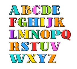 English alphabet colorful letters, black outline, vector. Capital letters with serif on a white background. Black outline is offset to the side. 