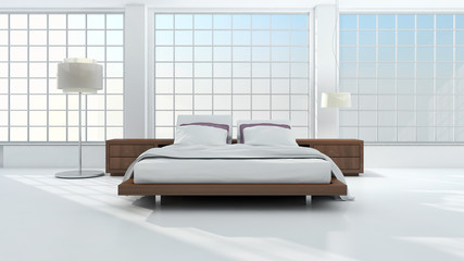 Minimalist master bedroom. 3D rendering