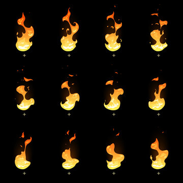 Fire sprite sheet. Cartoon vector flame game animation