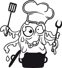 kochen küche schleim klebrig ekelig horror halloween koch chef kochtopf essen lecker hunger grillen schürze schleimer matschig glibber komisch lustig monster klein frech böse horror comic cartoon - obrazy, fototapety, plakaty
