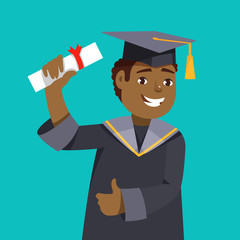 Portrait happy smiling african man graduates in graduation gowns holding diplomas in their hands blue background. Vector illustration concept graduation ceremony cartoon style