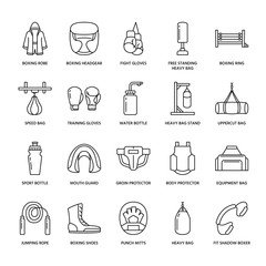 Boxing vector line icons. Punchbag, boxer gloves, ring, heavy bags, punching mitts. Sport training signs set, box championship pictogram with editable stroke for club, equipment store.