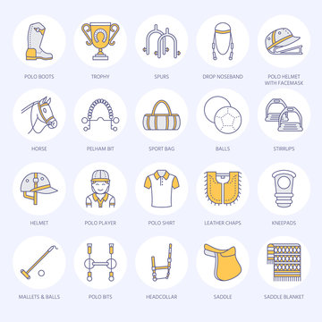 Horse polo flat line icons. Vector illustration of horse sport game, equestrian equipment saddle, leather boots, harness, spurs. Linear colored sign set, championship pictograms for event, gear store.