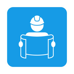 Icono plano arquitecto con plano redondo en cuadrado azul