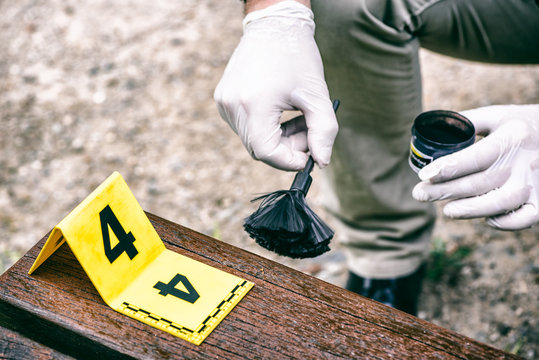 Crime scene investigation, using of dactyloscopic brush to reveal fingerprints
