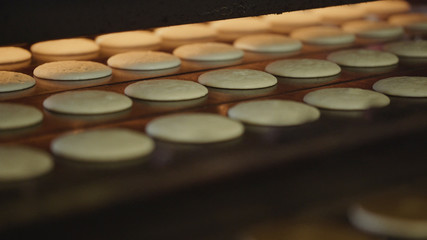Obraz na płótnie Canvas Cookies on the conveyor. Production of round cookies