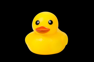 Cute yellow rubber duck on black background,clipping path