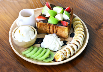 Tasty Mixed Fruits Honey Toast or Honey Toast With Ice Cream Sweet Dessert